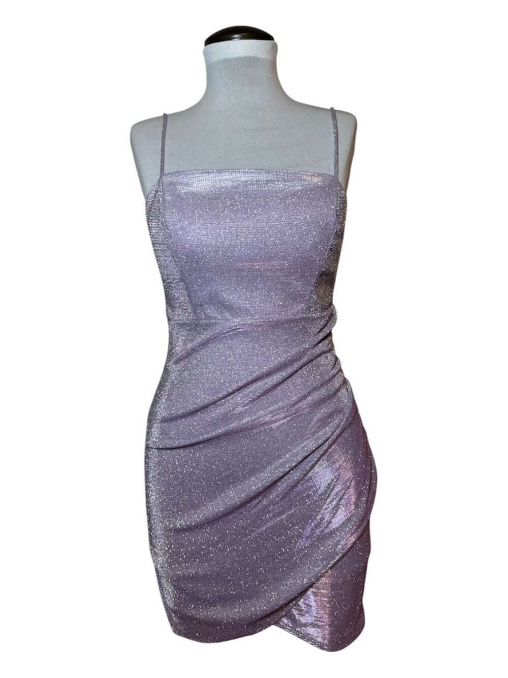 Midnight Doll Lavender Metallic Glitter Ruched Wrap Mini Dress Size S
